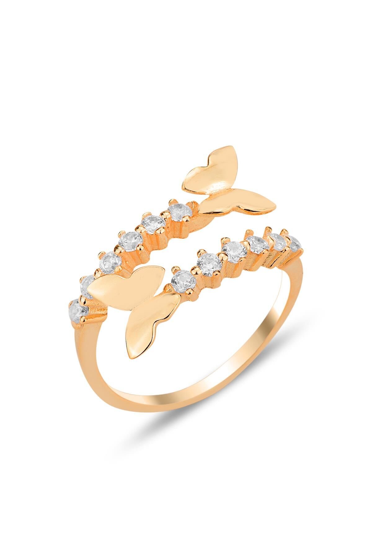 Gümüş rose zirkon taşlı üstten ayarlanabilir uçuşan kelebekler yüzük SGTL12304ROSE