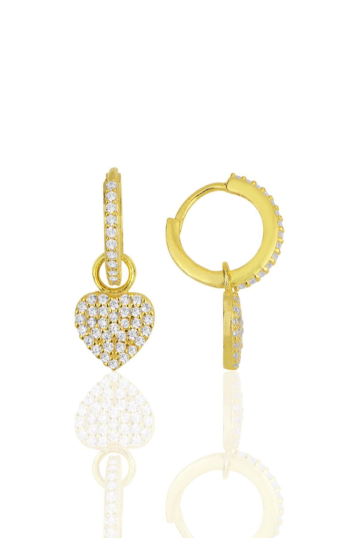 Gümüş altın yaldızlı zirkon taşlı kalp küpe SGTL11945GOLD