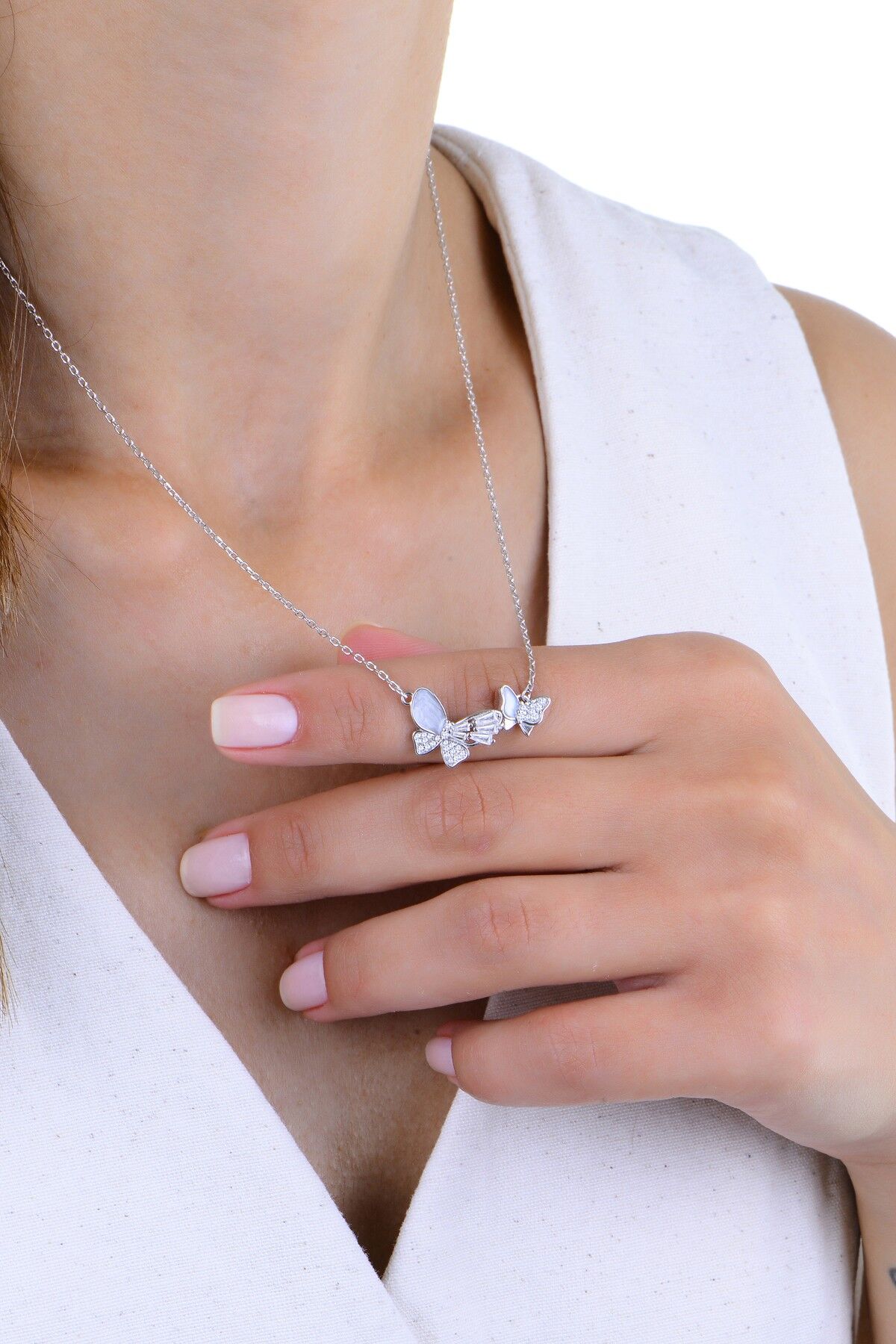 Gümüş rodyumlu mineli baget kesim zirkon taşlı çiftli aşk kelebekleri kolye SGTL12960RODAJ