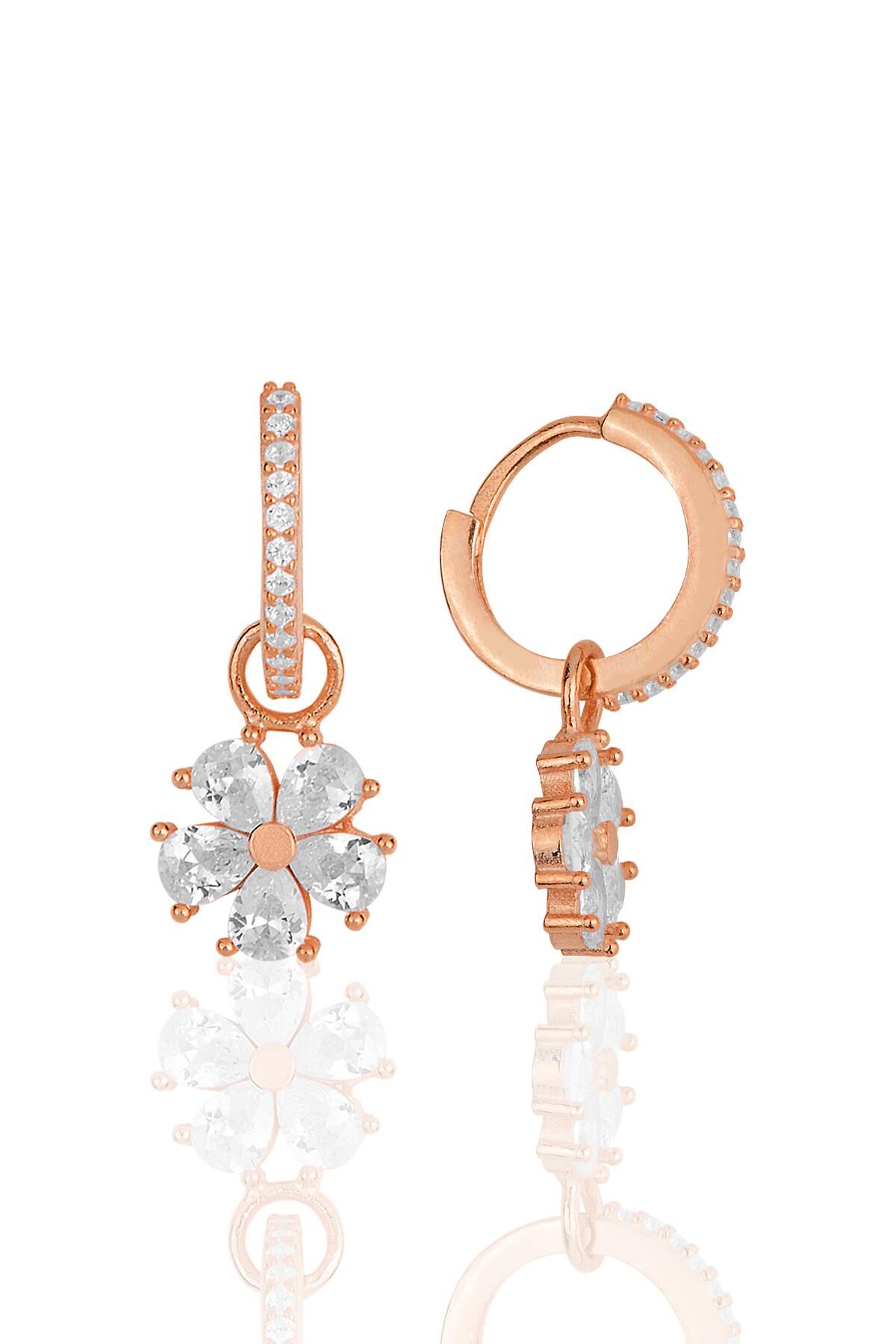 Gümüş rose zirkon taşlı çiçek küpe SGTL11944ROSE