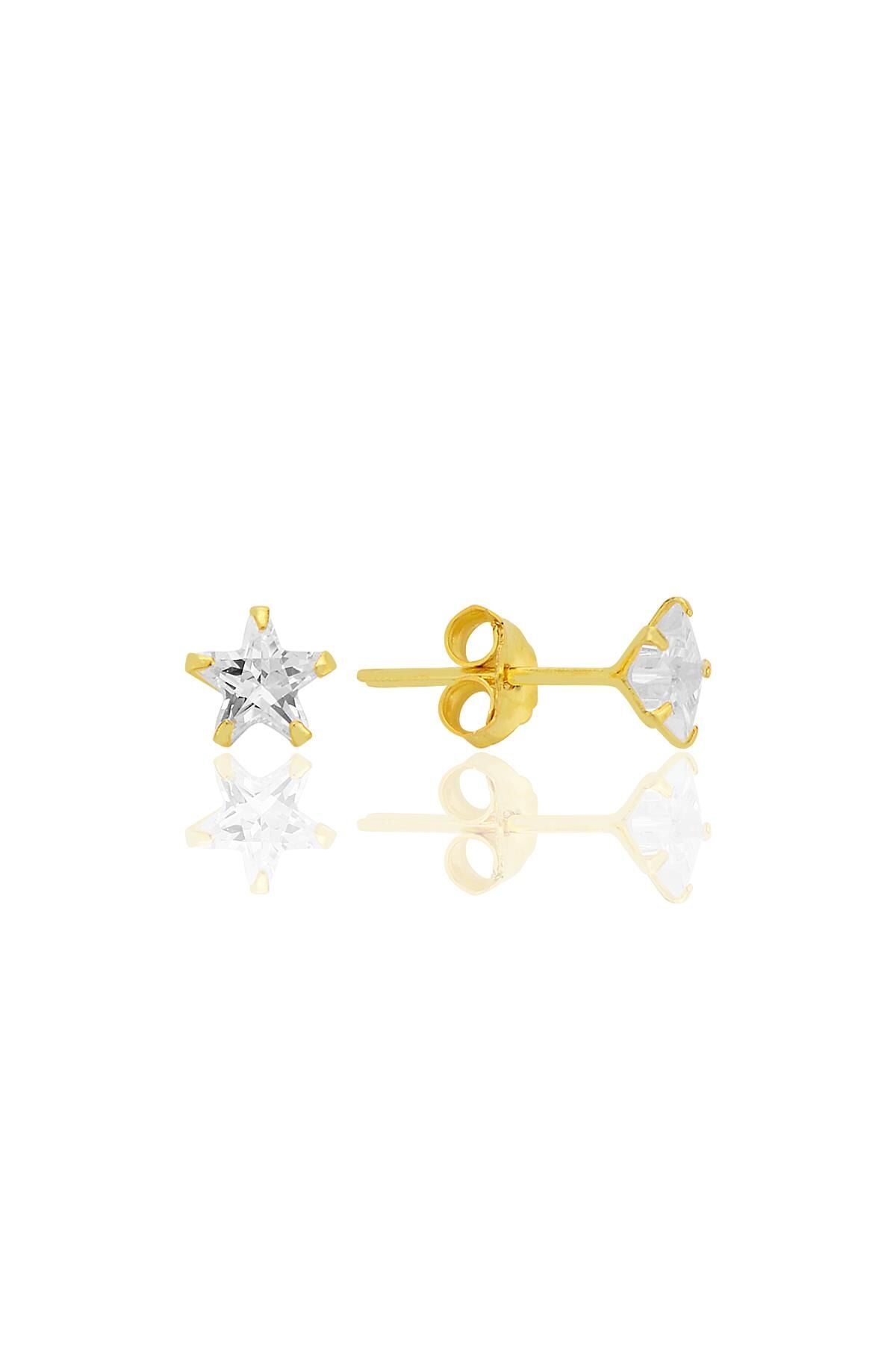 Gümüş zirkon taşlı, altın yaldızlı, yıldız kesim 5 mm tektaş küpe SGTL12737GOLD
