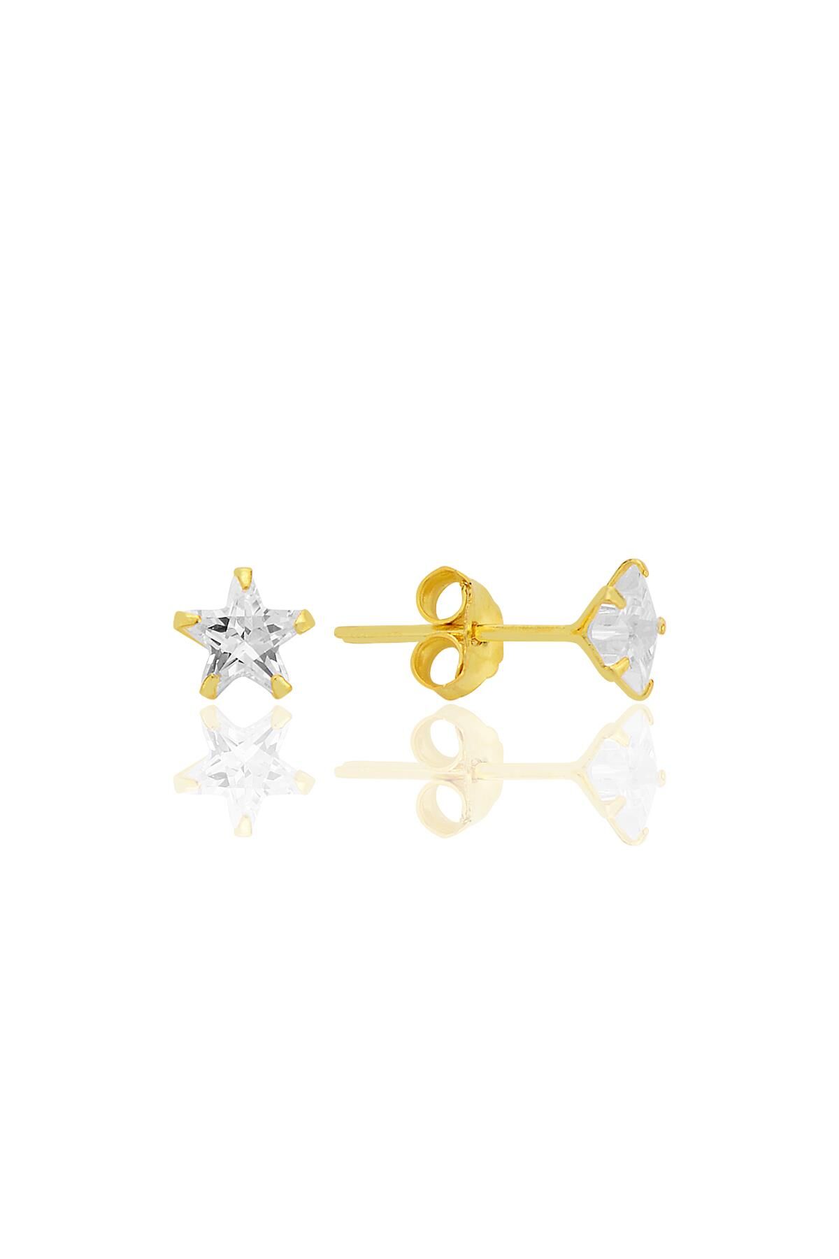 Gümüş zirkon taşlı, altın yaldızlı, yıldız kesim 5 mm tektaş küpe SGTL12737GOLD