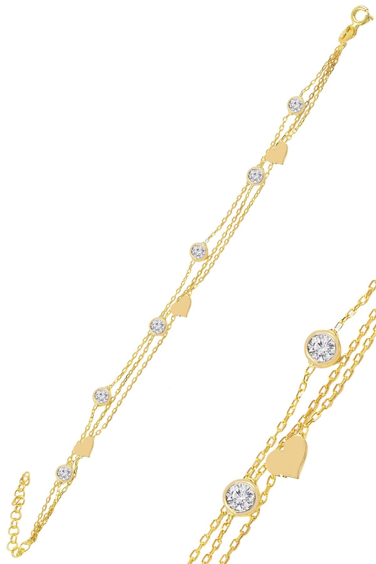 Gümüş altın yaldızlı zirkon taşlı kalp figürlü bileklik SGTL11011GOLD