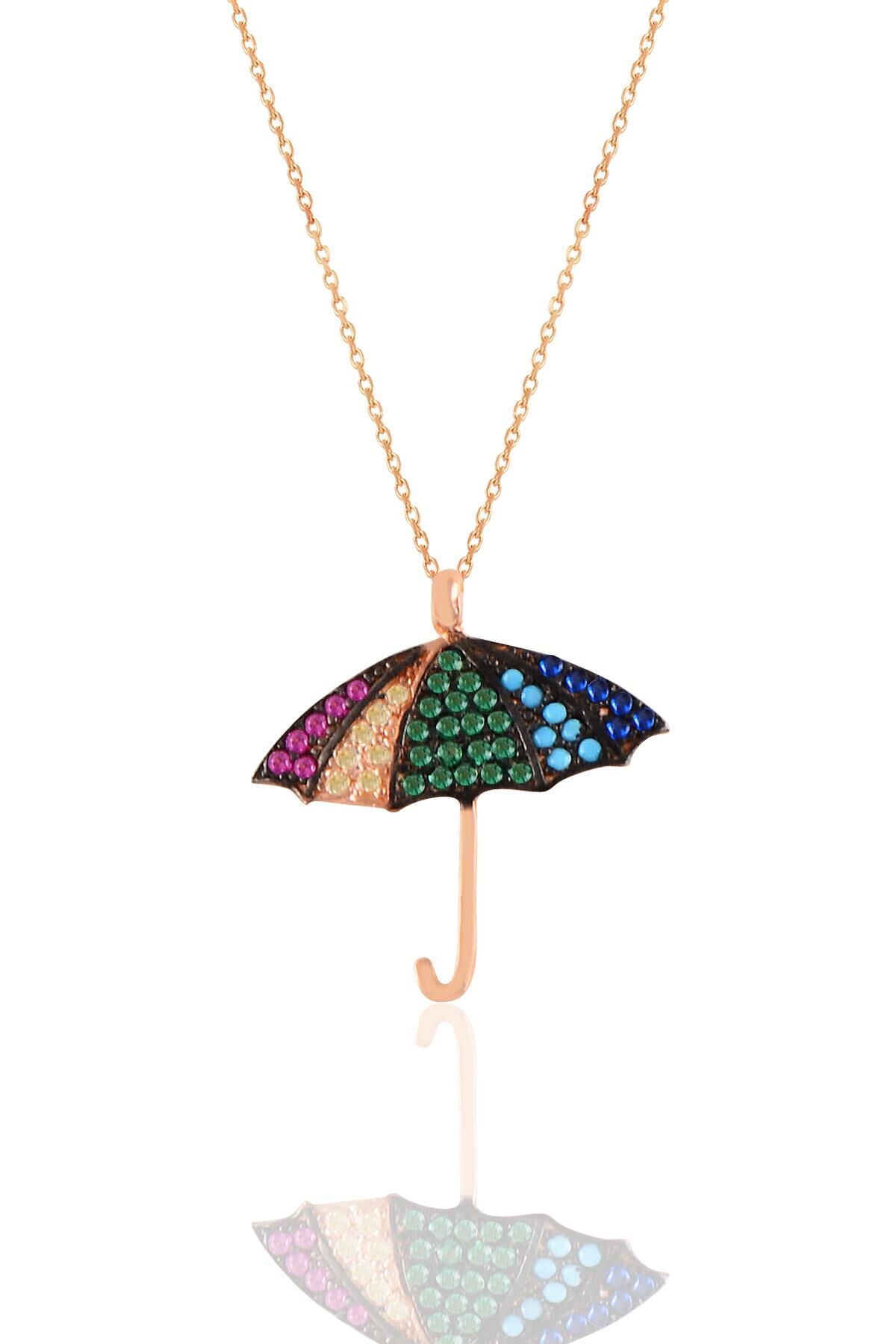 Gümüş rose renkli taşlı şemsiye kolye  SGTL11203RENKLI