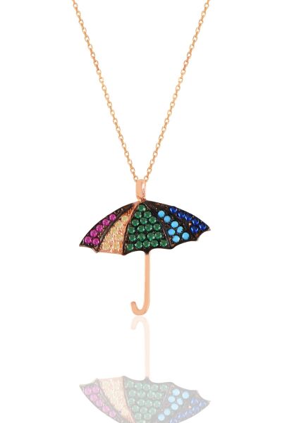 Gümüş rose renkli taşlı şemsiye kolye  SGTL11203RENKLI