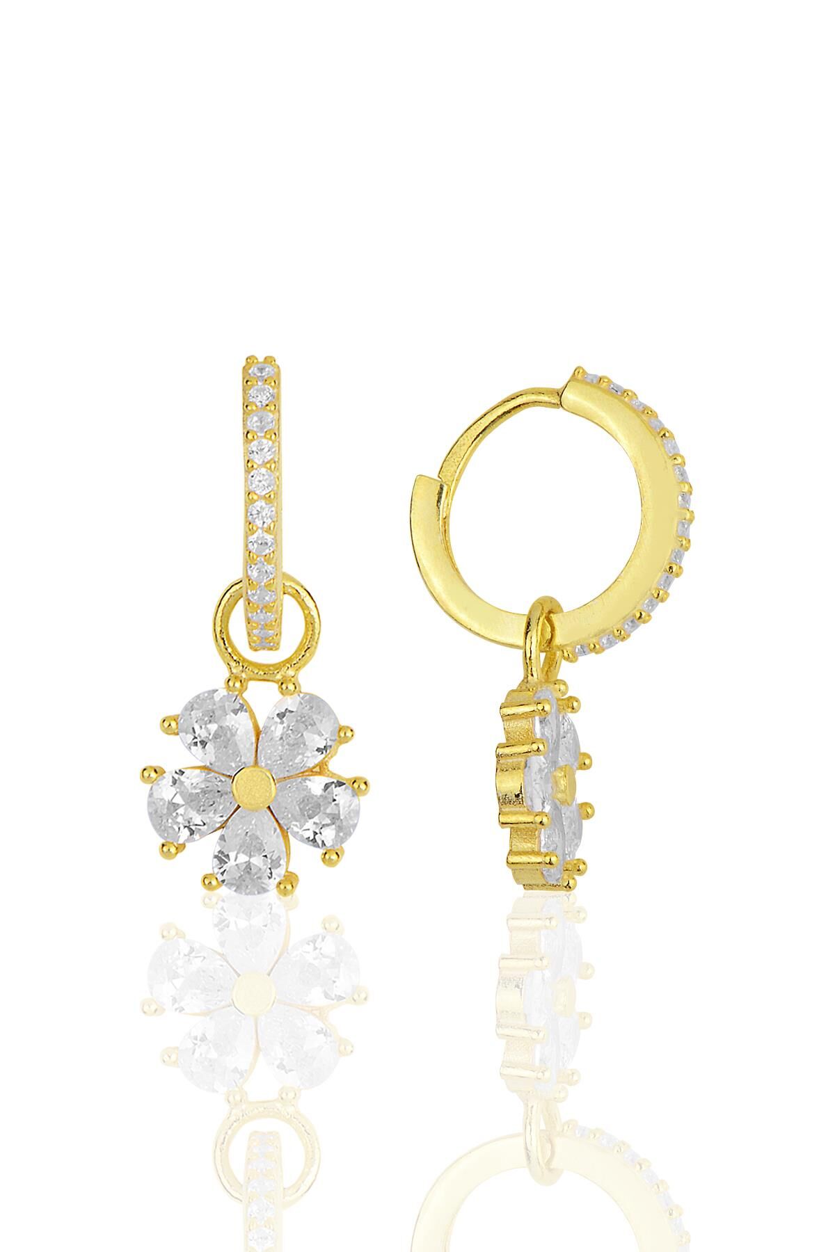 Gümüş altın yaldızlı zirkon taşlı çiçek küpe SGTL11944GOLD