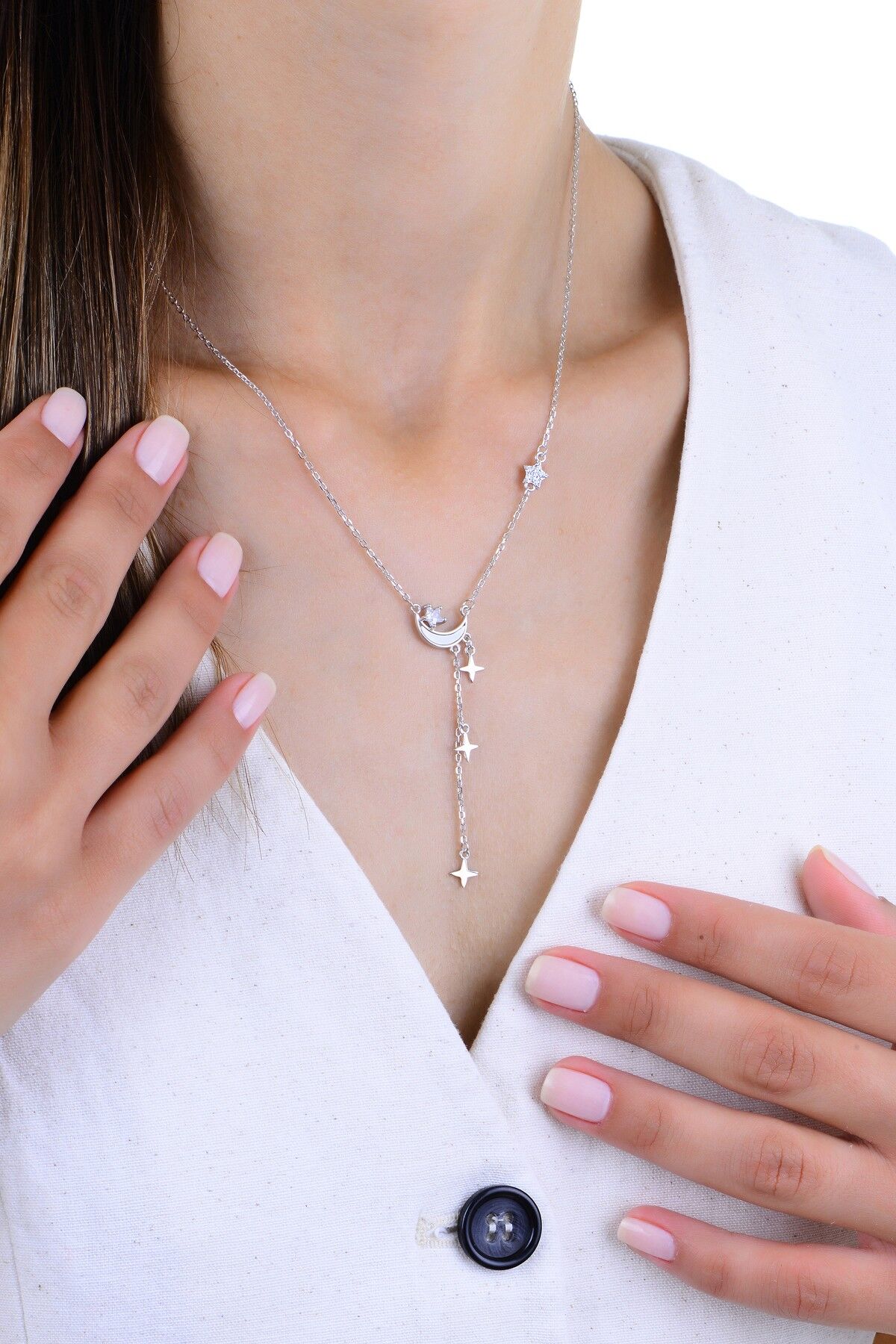 Gümüş rodyumlu zirkon ve sedef taşlı ay ışığı yıldız yağmuru kolye SGTL12962RODAJ