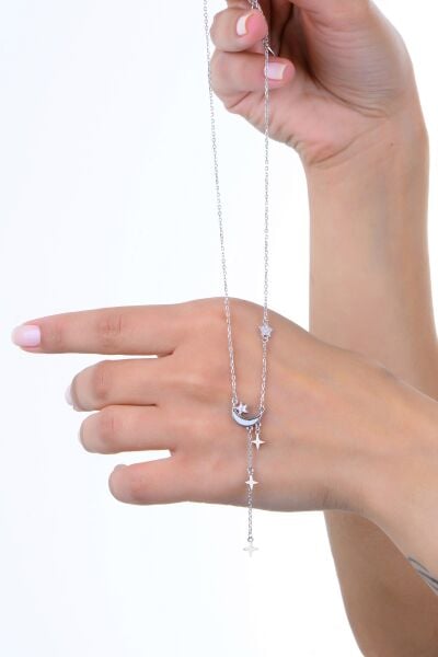 Gümüş rodyumlu zirkon ve sedef taşlı ay ışığı yıldız yağmuru kolye SGTL12962RODAJ