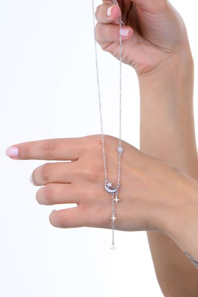 Gümüş rodyumlu zirkon ve sedef taşlı ay ışığı yıldız yağmuru kolye SGTL12962RODAJ