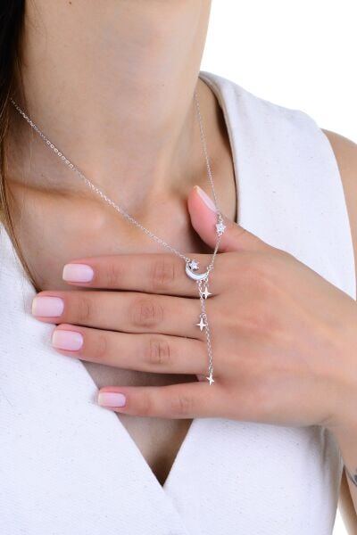 Gümüş rodyumlu zirkon ve sedef taşlı ay ışığı yıldız yağmuru kolye SGTL12962RODAJ