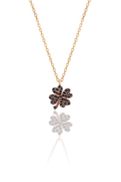 Gümüş rose siyah taşlı yonca kolye SGTL10499SIYAH