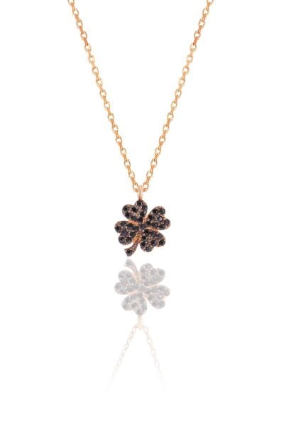 Gümüş rose siyah taşlı yonca kolye SGTL10499SIYAH