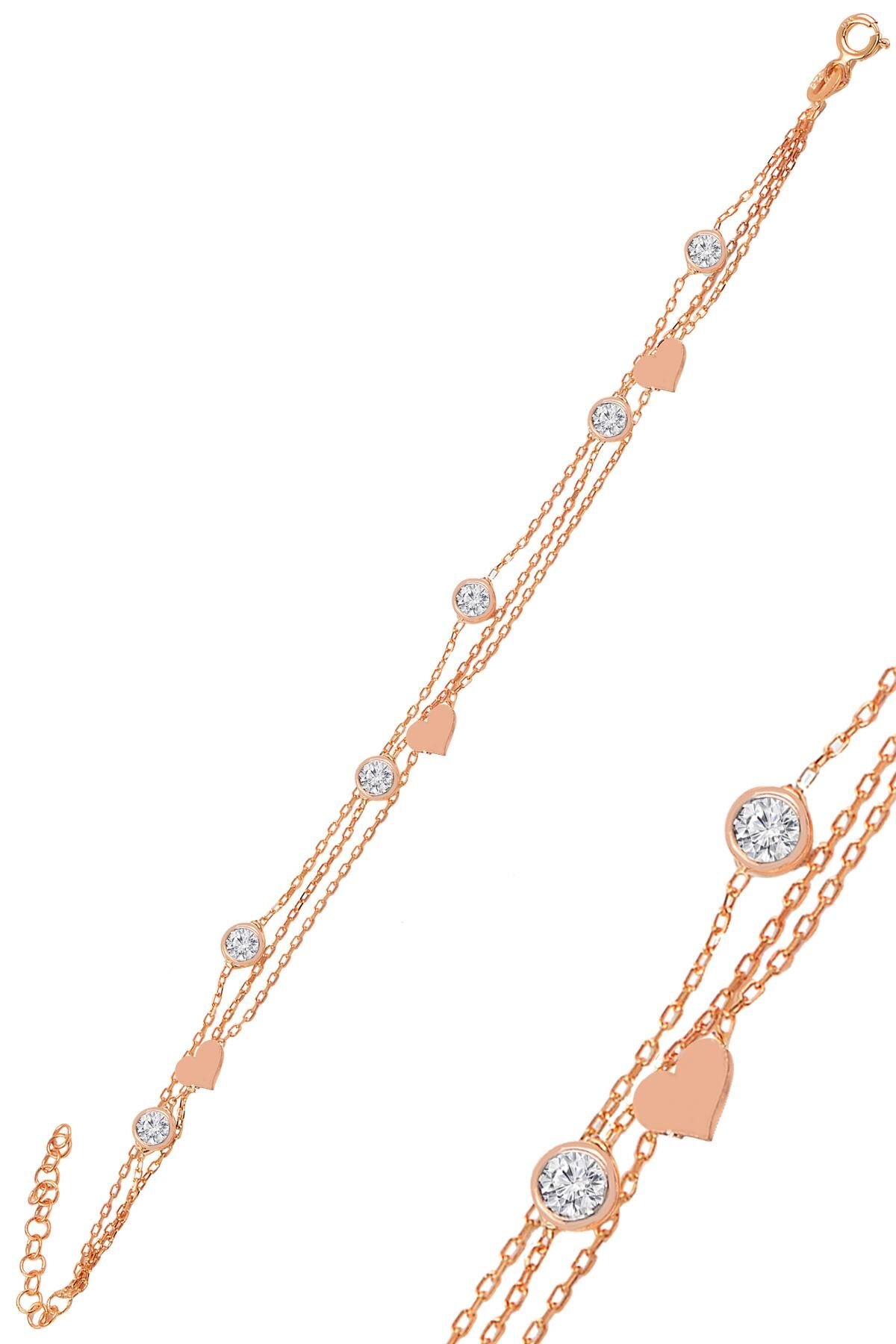 Gümüş rose zirkon taşlı kalp figürlü bileklik SGTL11011ROSE