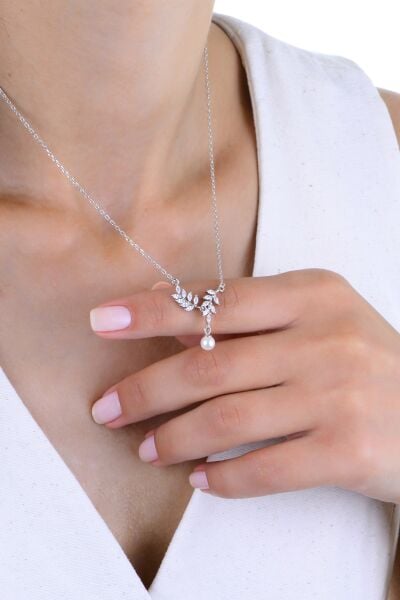 Gümüş rodyumlu zirkon taşlı doğanın dokunuşu incili yaprak kolye SGTL12963RODAJ