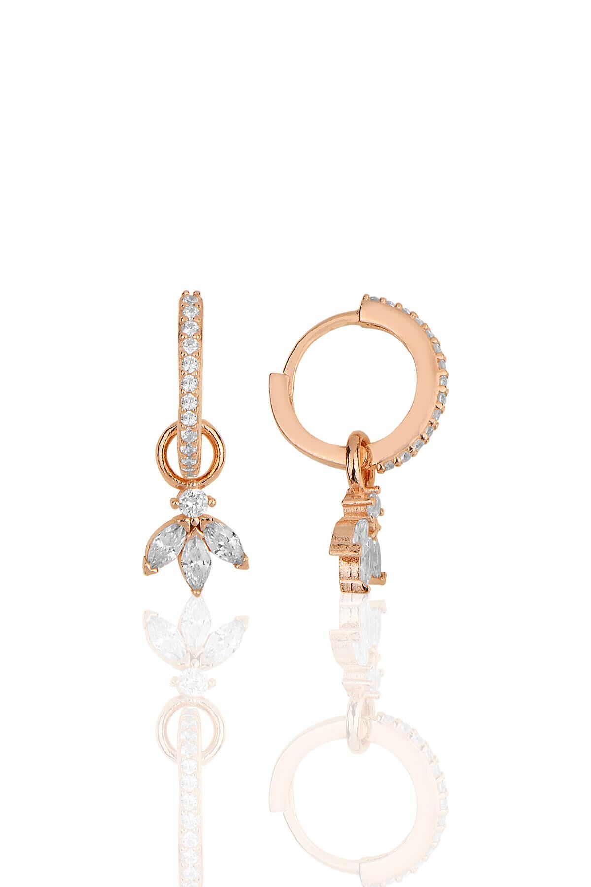 Gümüş rose zirkon üç taşlı lotus çiçeği küpe SGTL11943ROSE