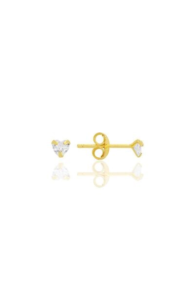 Gümüş zirkon taşlı, altın yaldızlı, kalp kesim 3 mm tektaş küpe SGTL12738GOLD