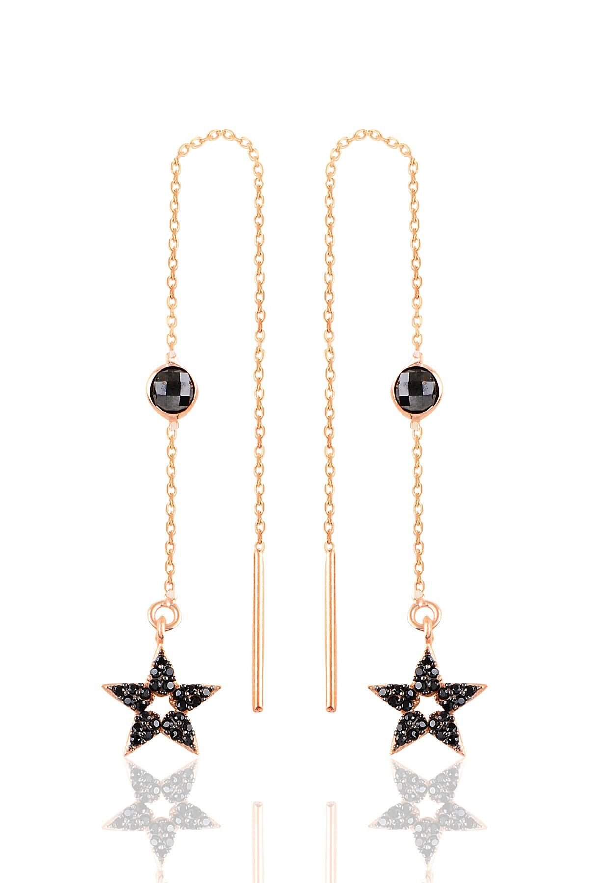 Gümüş onix taşlı lotus zincir küpe SGTL10983SIYAH