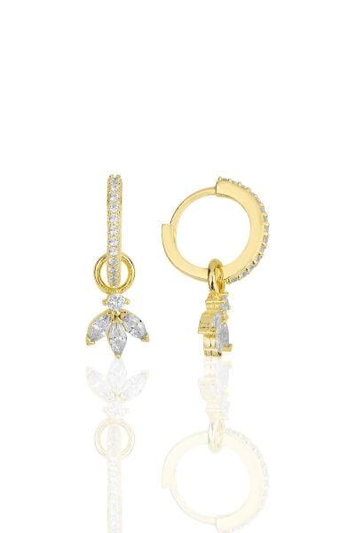 Gümüş altın yaldızlı zirkon  üç taşlı lotus çiçeği küpe SGTL11943GOLD