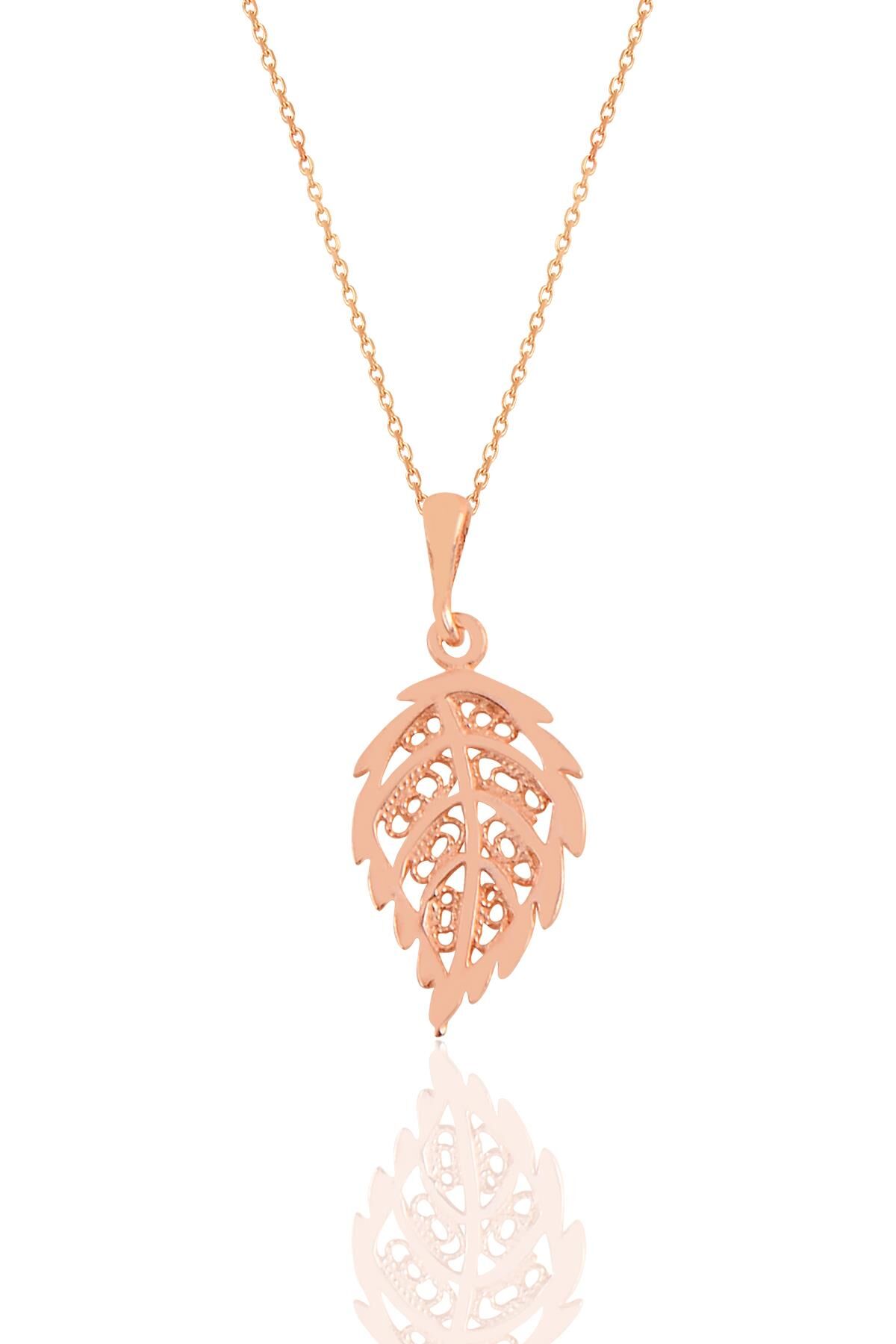 Gümüş rose  işlemeli yaprak kolye SGTL11200ROSE