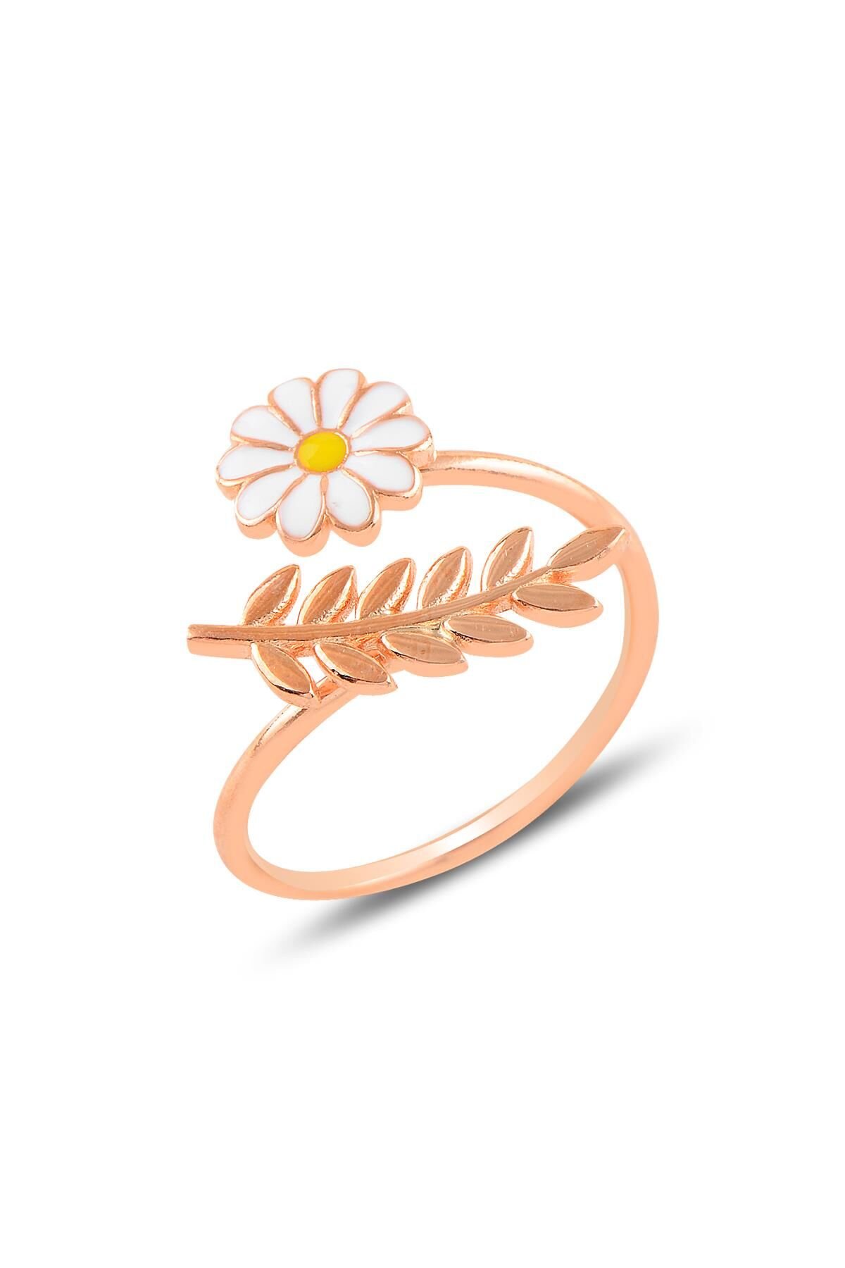 Gümüş rose mineli yapraklı papatya yüzük SGTL10985ROSE