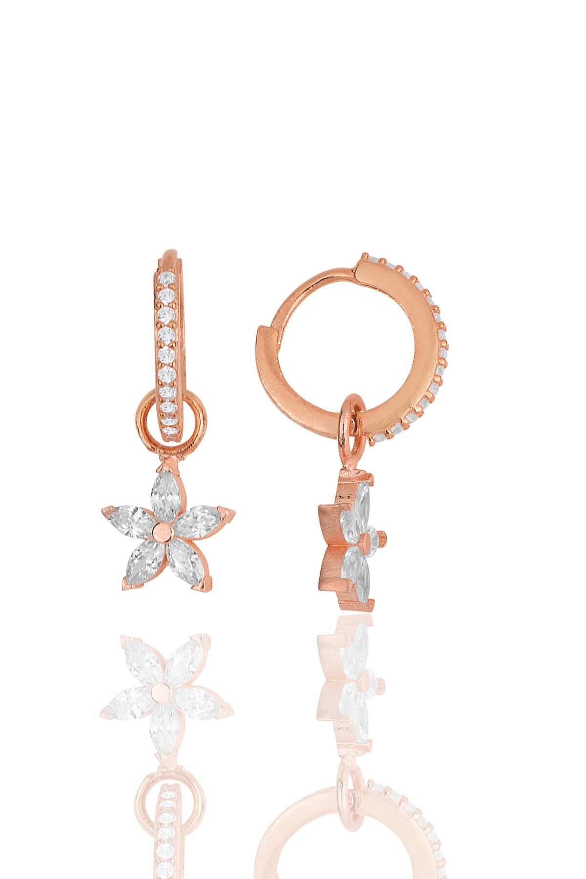 Gümüş rose zirkon taşlı lotus çiçeği küpe SGTL11942ROSE