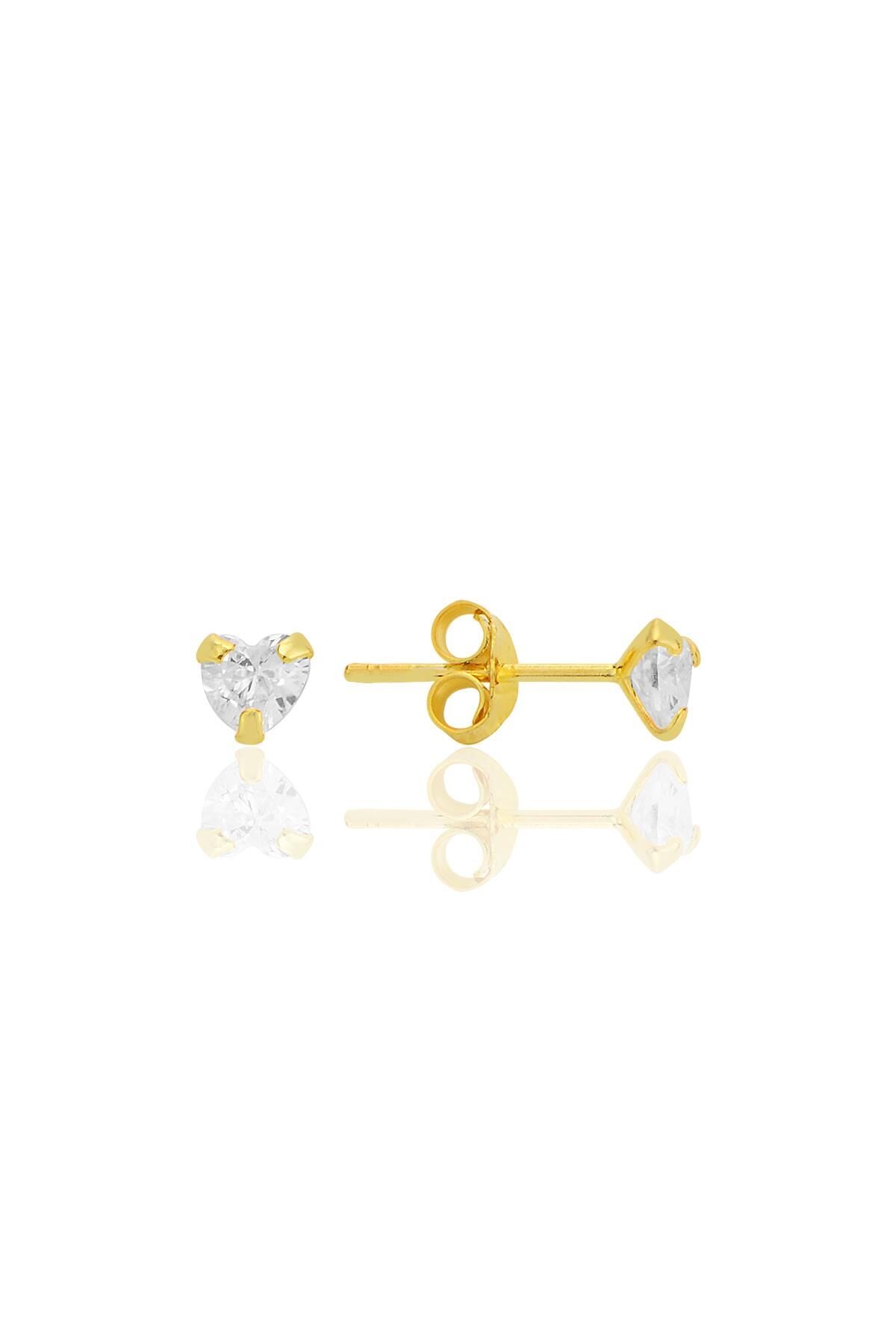 Gümüş zirkon taşlı, altın yaldızlı, kalp kesim 4 mm tektaş küpe SGTL12739GOLD