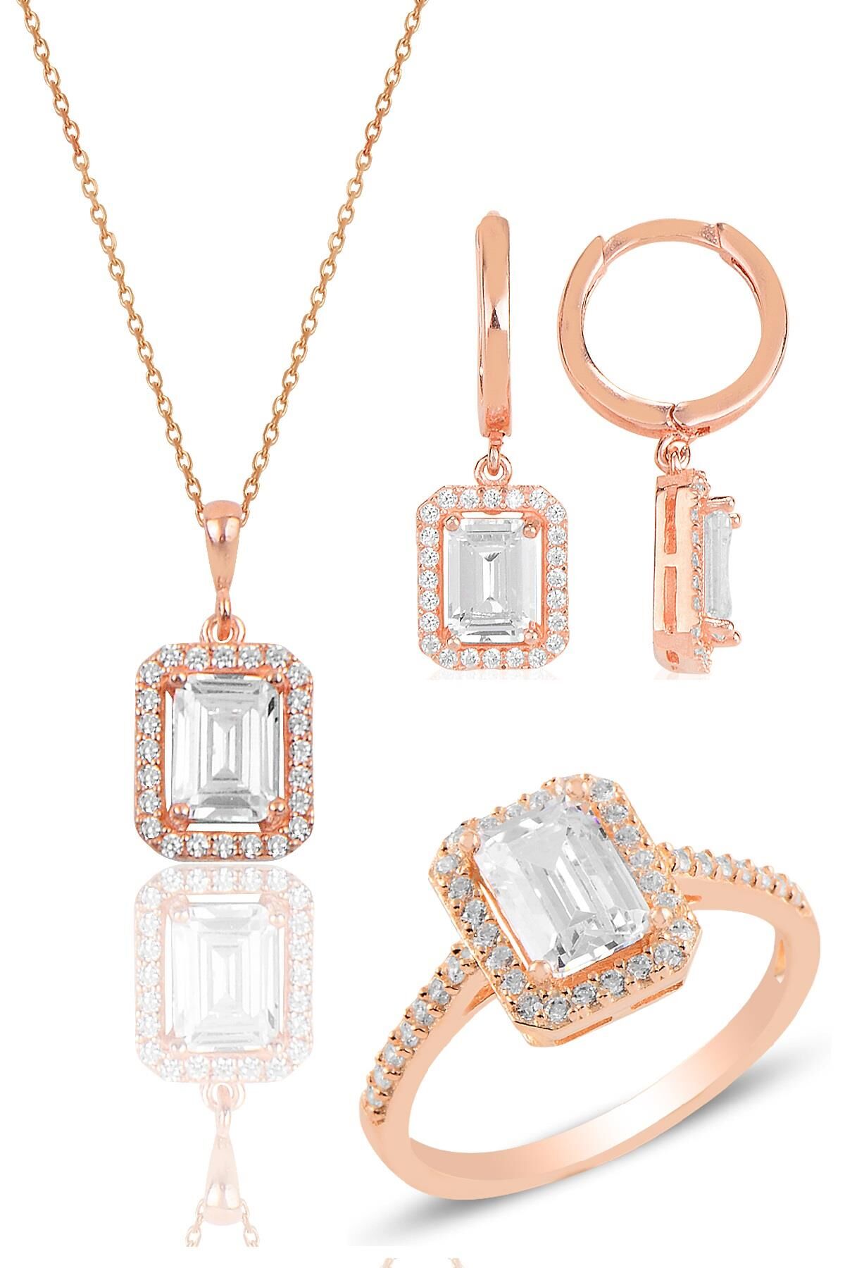 Gümüş rose baget taşlı üçlü set SGTL11564ROSE