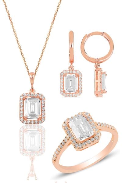Gümüş rose baget taşlı üçlü set SGTL11564ROSE