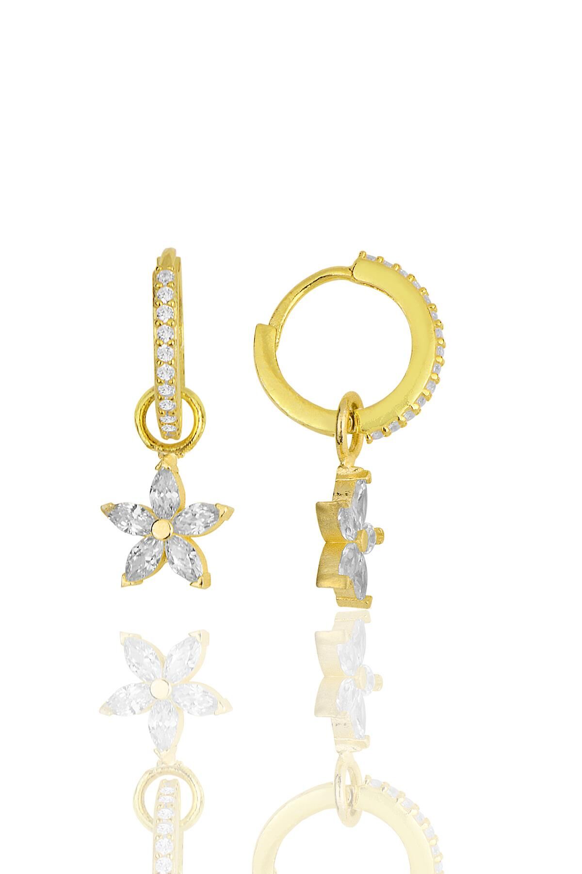 Gümüş altın yaldızlı zirkon taşlı lotus çiçeği küpe SGTL11942GOLD