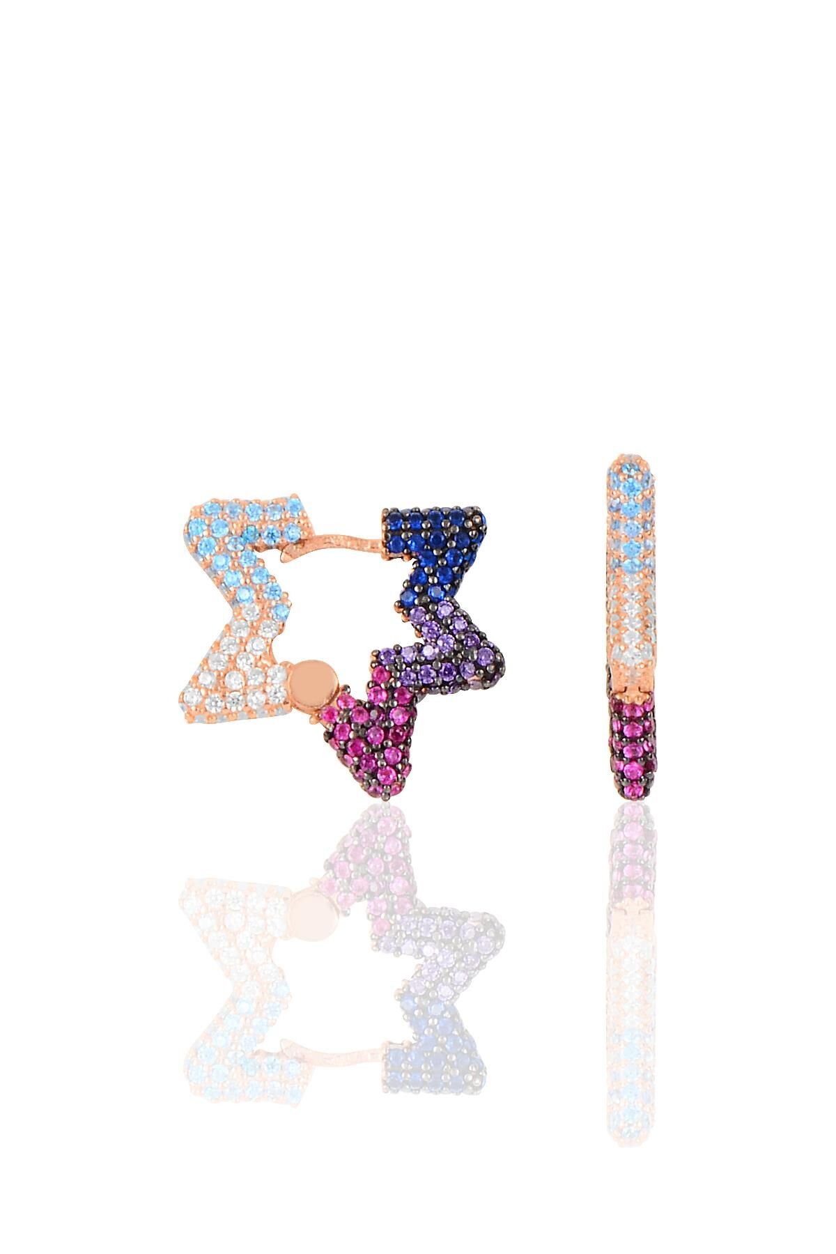 Gümüş rose renkli taşlı özel tasarım star küpe SGTL10265RENKLI