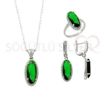 RODYUMLU YEŞİL TAŞLI  ÜÇLÜ SET set8534