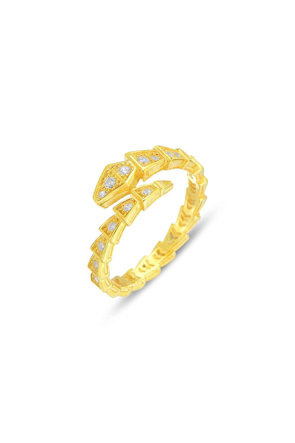 Gümüş altın yaldızlı zirkon taşlı üstten ayarlamalı sarmal yılan yüzük SGTL12988GOLD