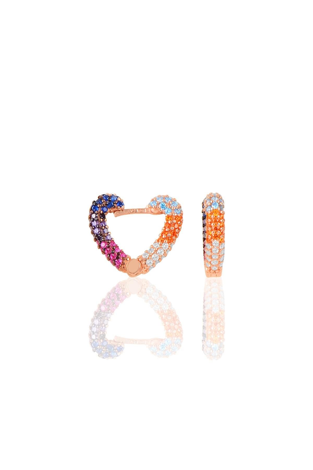 Gümüş rose renkli  taşlı özel tasarım kalp küpe SGTL10267RENKLI