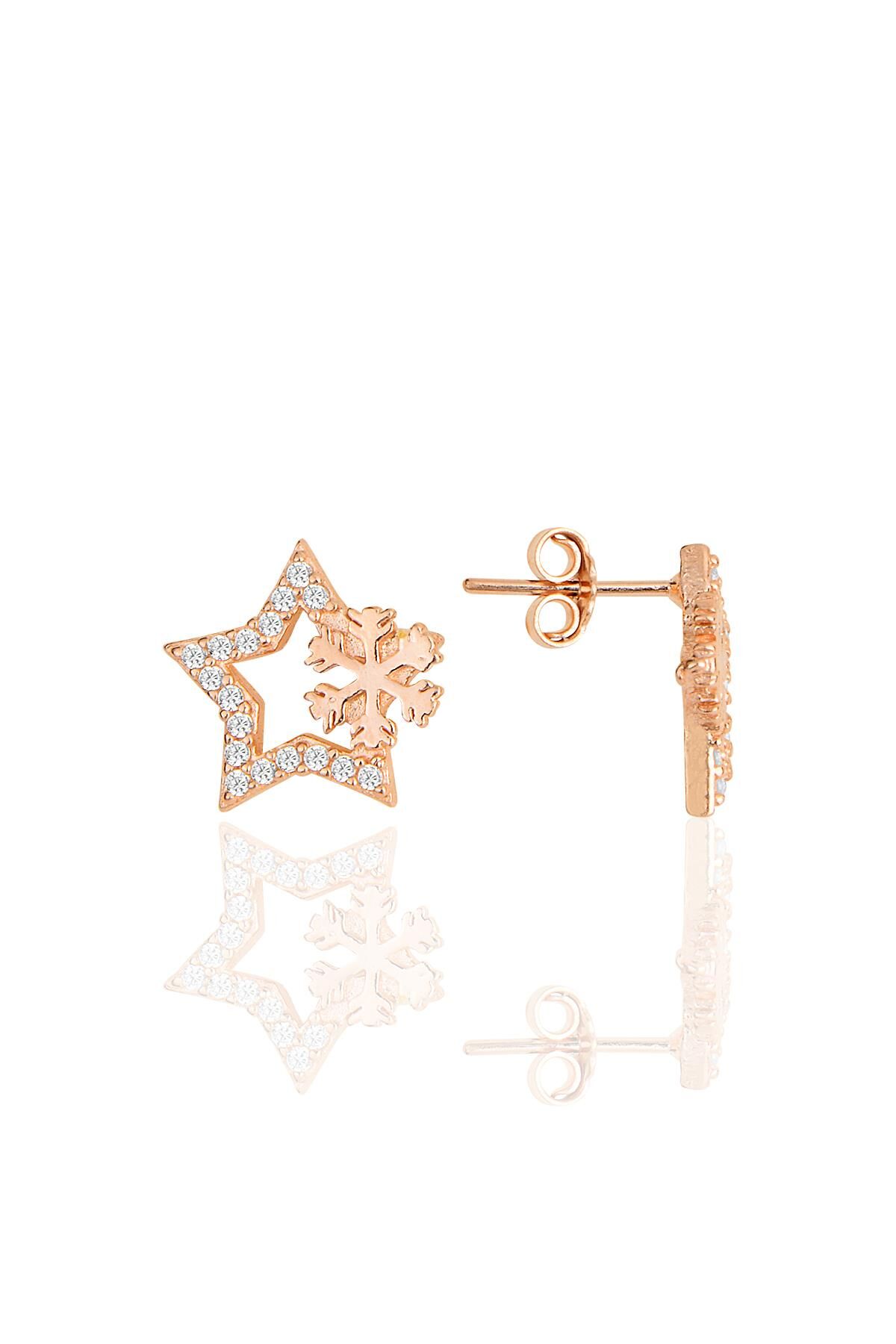Gümüş rose zirkon taşlı karteneli yıldız küpe SGTL11843ROSE