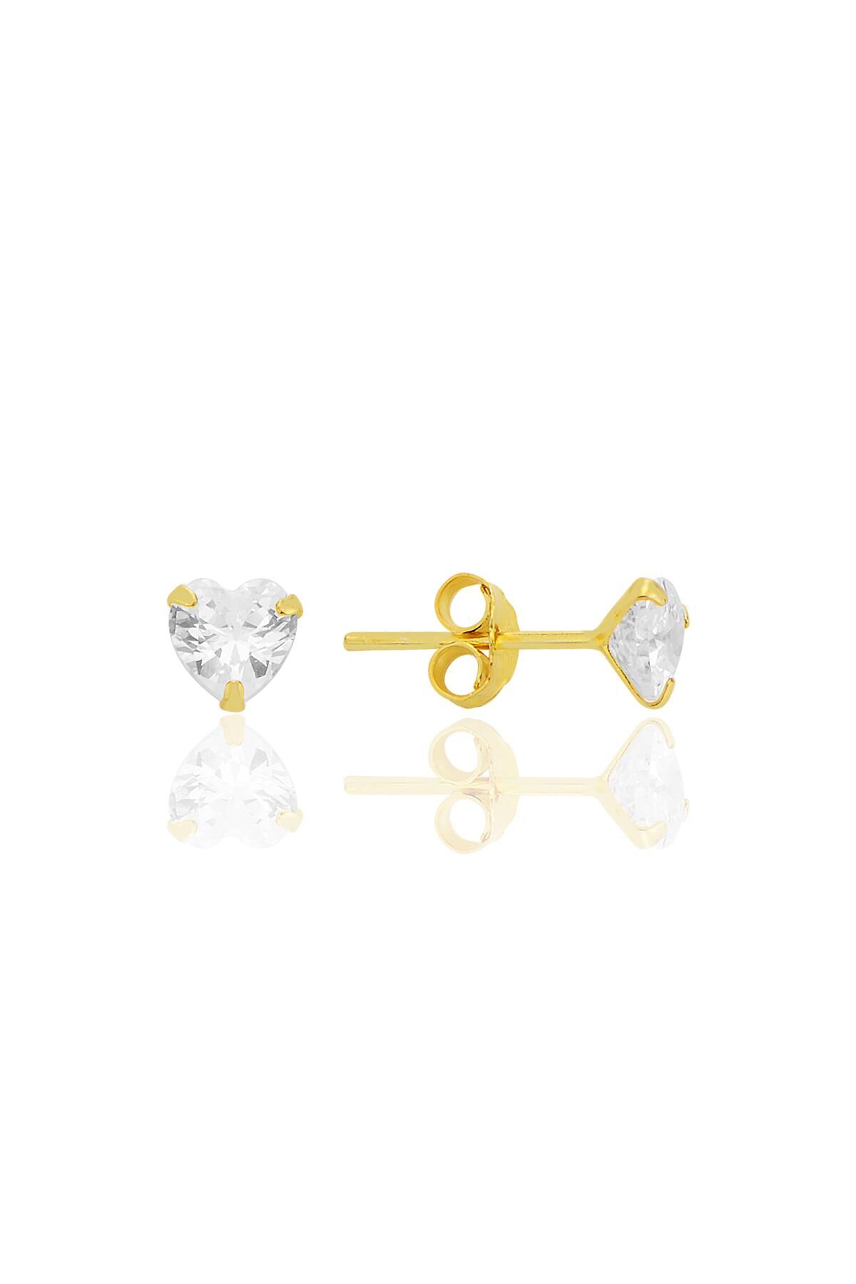 Gümüş zirkon taşlı, altın yaldızlı, kalp kesim 5 mm tektaş küpe SGTL12740GOLD