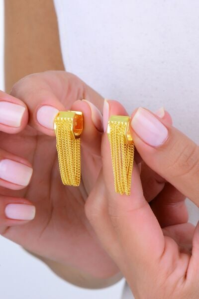 Gümüş altın yaldızlı zincir sallantılı altıgen halka küpe SGTL12991GOLD