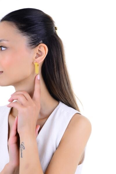Gümüş altın yaldızlı zincir sallantılı altıgen halka küpe SGTL12991GOLD