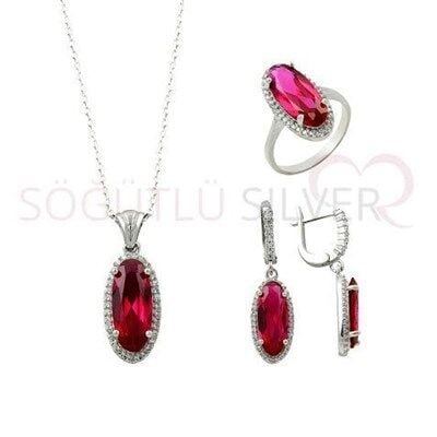 RODYUMLU KIRMIZI TAŞLI  ÜÇLÜ SET set8532
