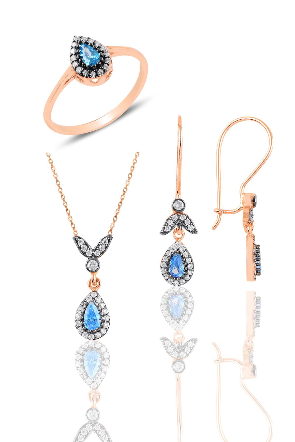 Gümüş rose akuamarin taşlı damla üçlü set  SGTL10988MAVI