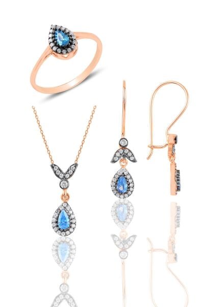 Gümüş rose akuamarin taşlı damla üçlü set  SGTL10988MAVI
