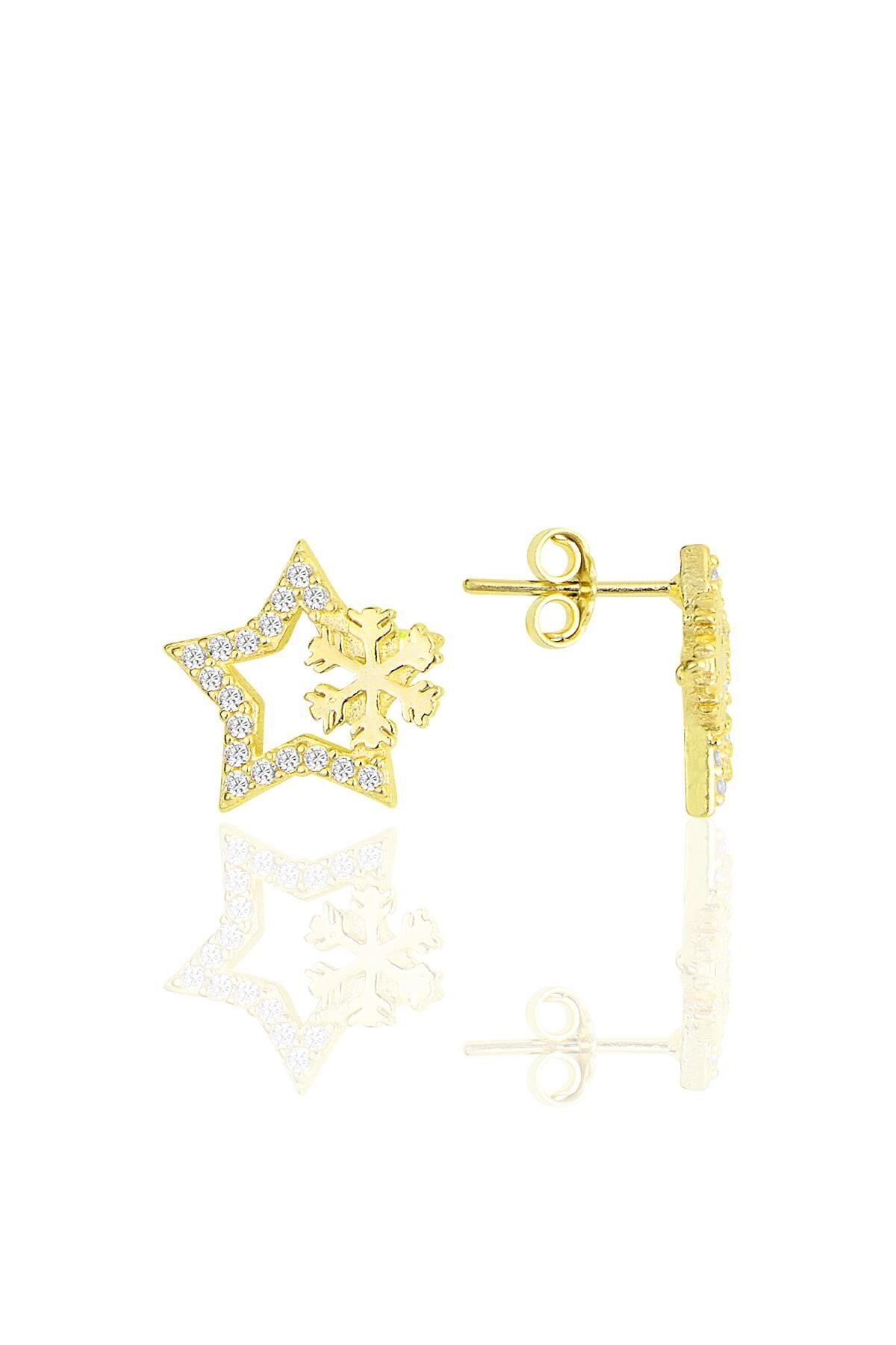 Gümüş altın yaldızlı zirkon taşlı karteneli yıldız küpe SGTL11843GOLD