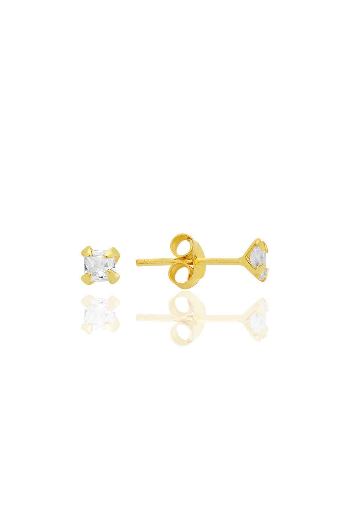 Gümüş zirkon taşlı, altın yaldızlı, kare (Prenses) kesim 3 mm tektaş küpe SGTL12741GOLD