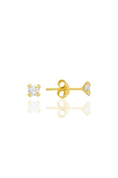 Gümüş zirkon taşlı, altın yaldızlı, kare (Prenses) kesim 3 mm tektaş küpe SGTL12741GOLD