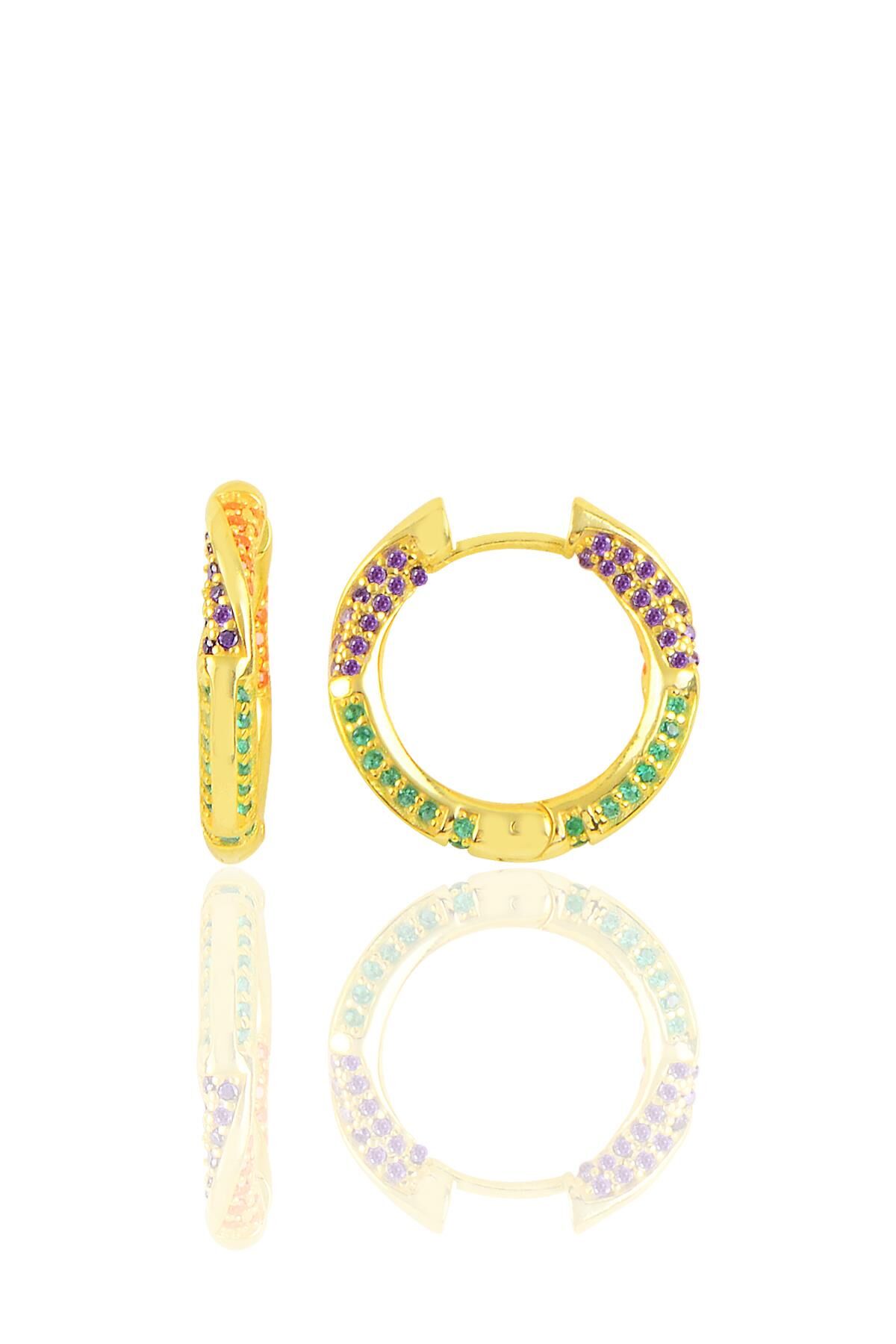 Gümüş altın yaldızlı renkli taşlı orta boy özel tasarım halka küpe SGTL10270GOLD