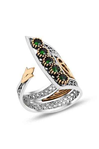 Gümüş kök zümrüt taşlı  telkari işlemeli ayarlamalı yüzük SGTL11840YESIL