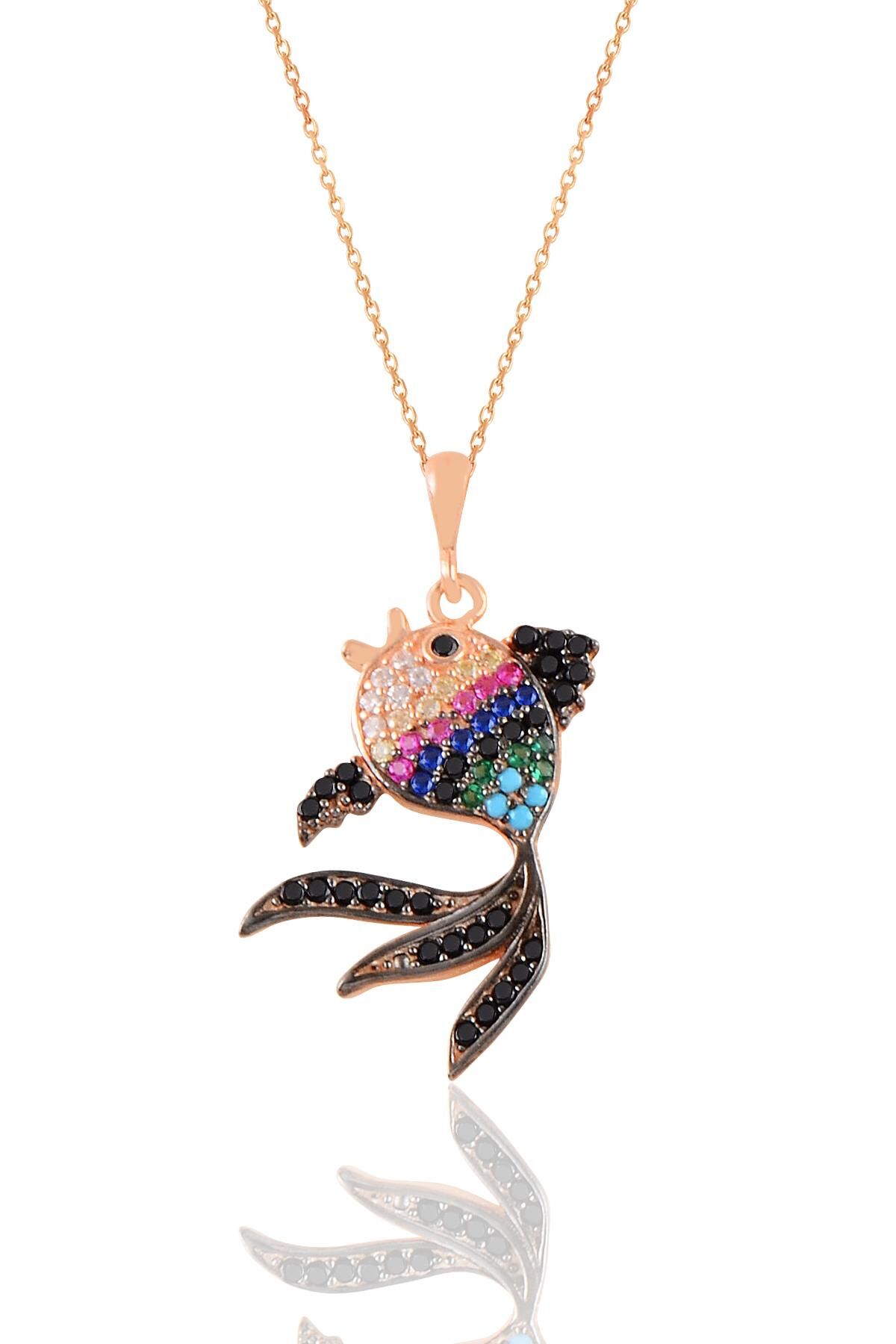Gümüş rose siyah renkli  zirkon taşlı balık kolye SGTL11198SIYAH