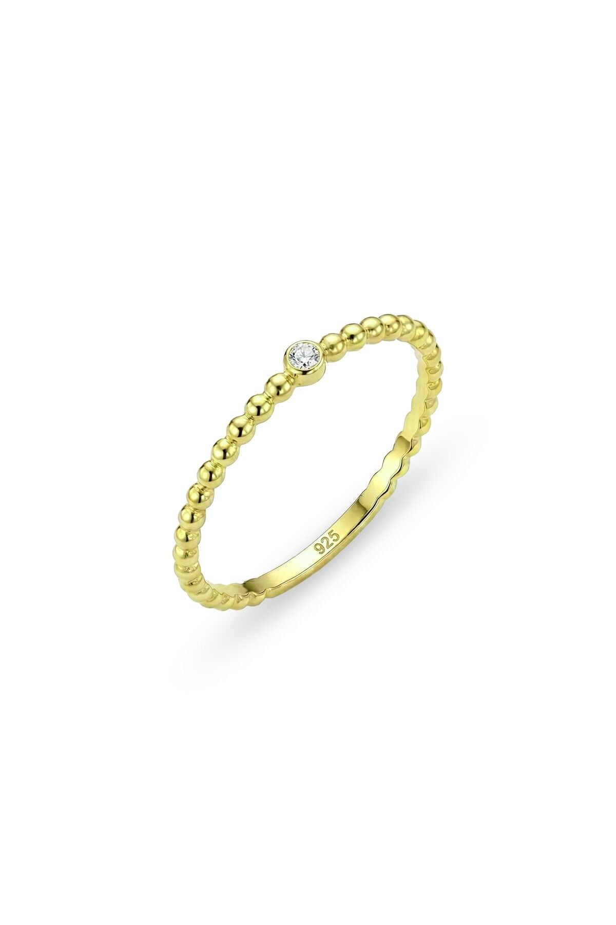 925 Ayar Gümüş Yüzük Altın Kaplama Gold İnce Top Boncuklu Tek Taş Yüzük - Minimalist Tasarım