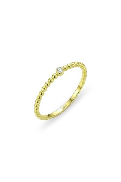 925 Ayar Gümüş Yüzük Altın Kaplama Gold İnce Top Boncuklu Tek Taş Yüzük - Minimalist Tasarım