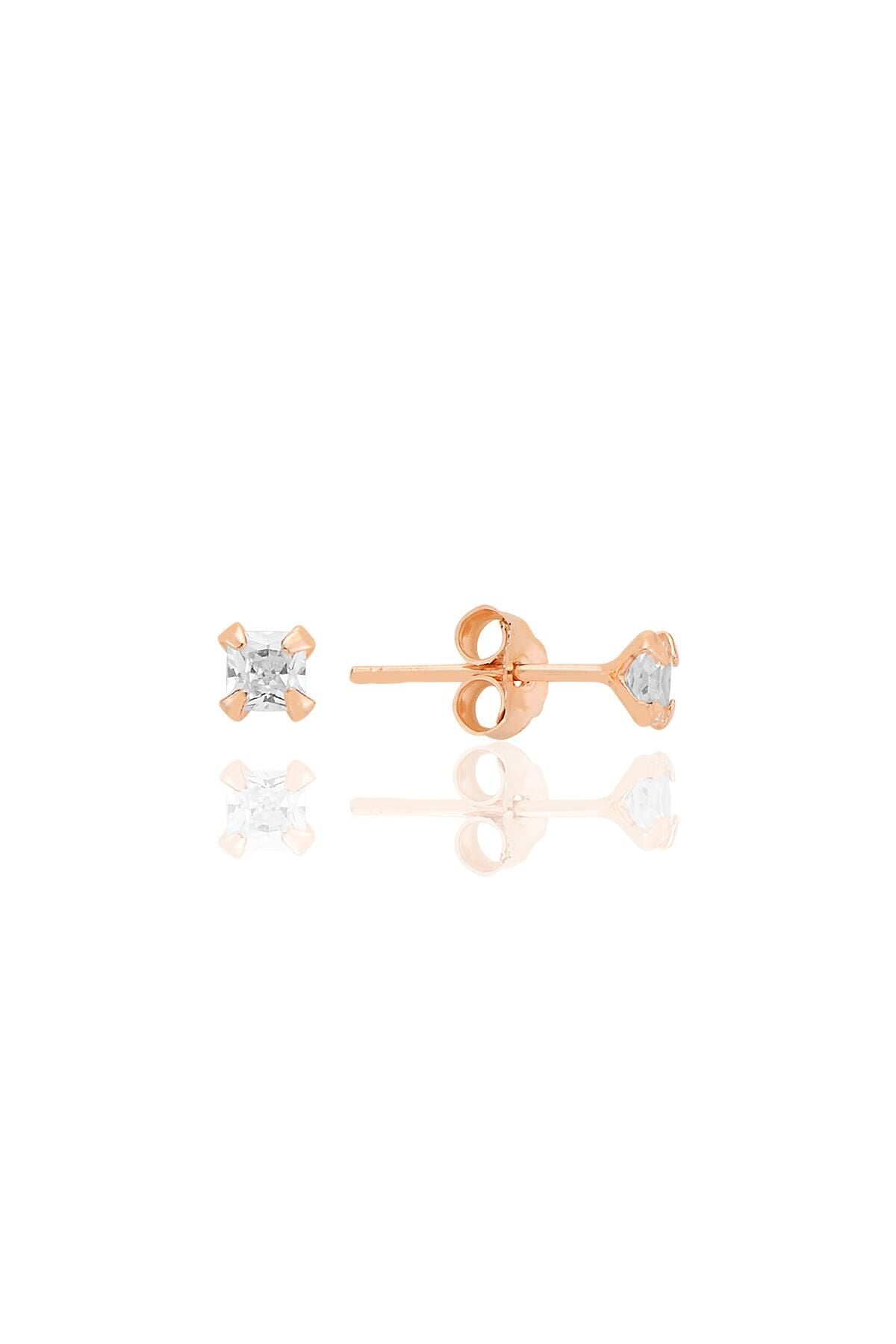 Gümüş zirkon taşlı,rose, kare (Prenses) kesim 3 mm tektaş küpe SGTL12741ROSE