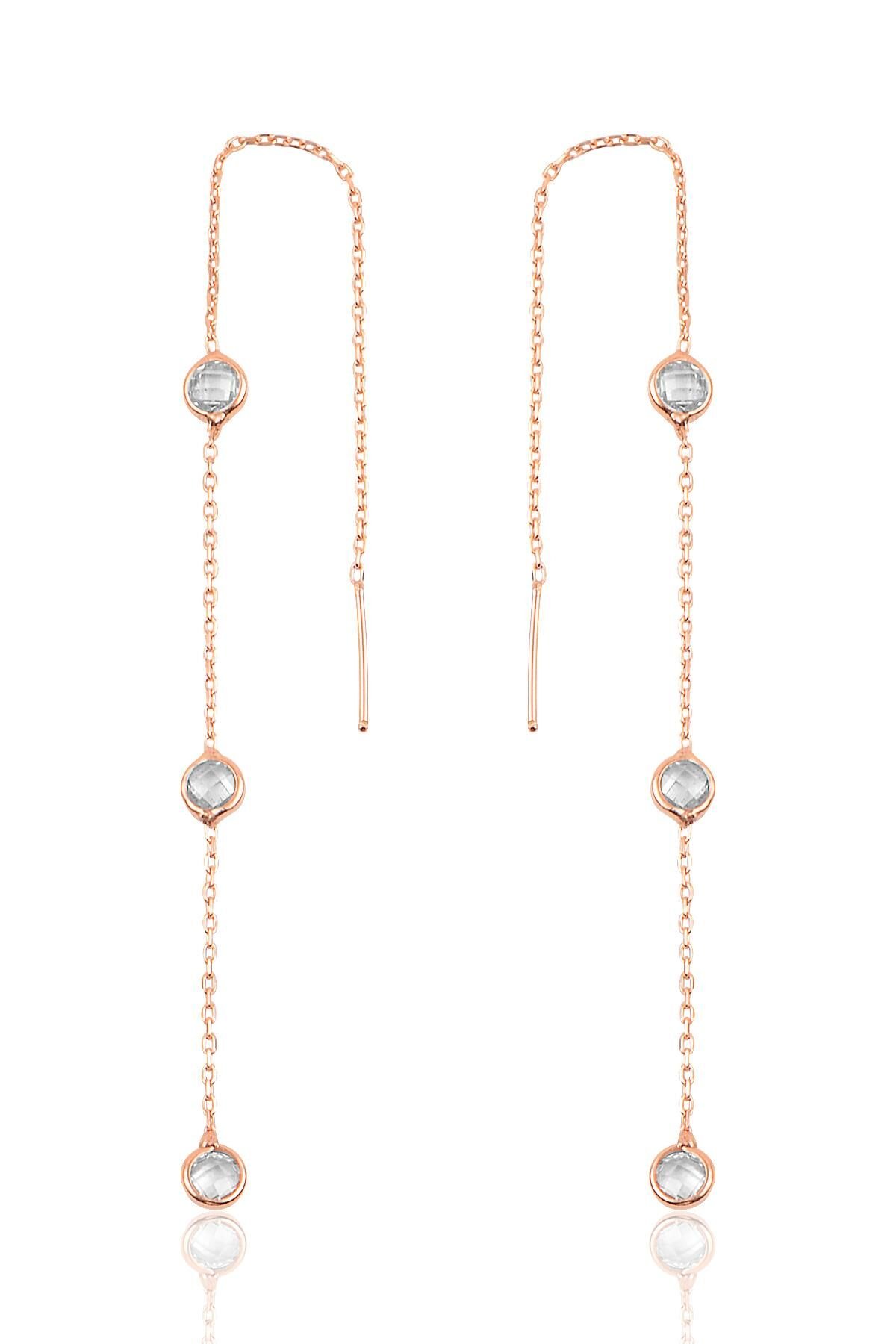 Gümüş 3 taşlı zincirli küpe SGTL9860ROSE